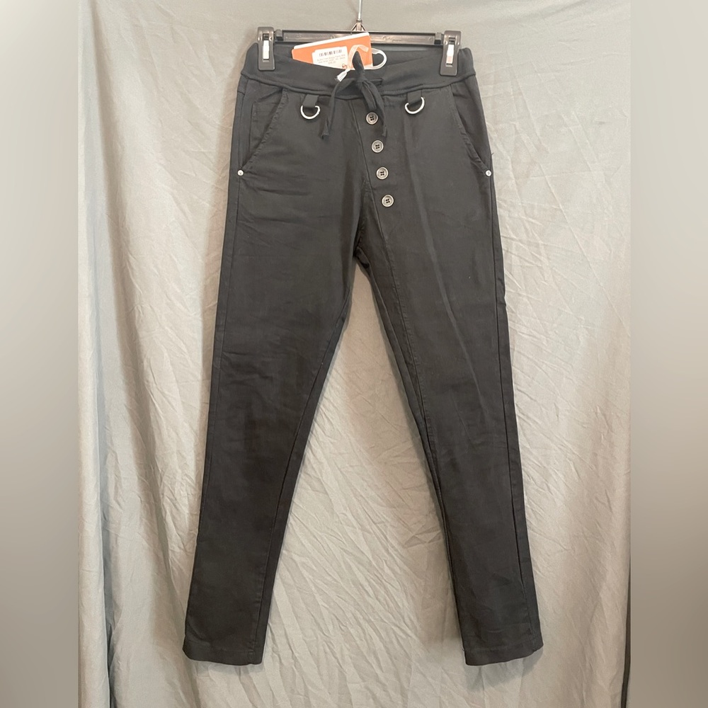 NEW Suzy D Jogger Pants - Button Front/Side Strap Detail, Black, size XS